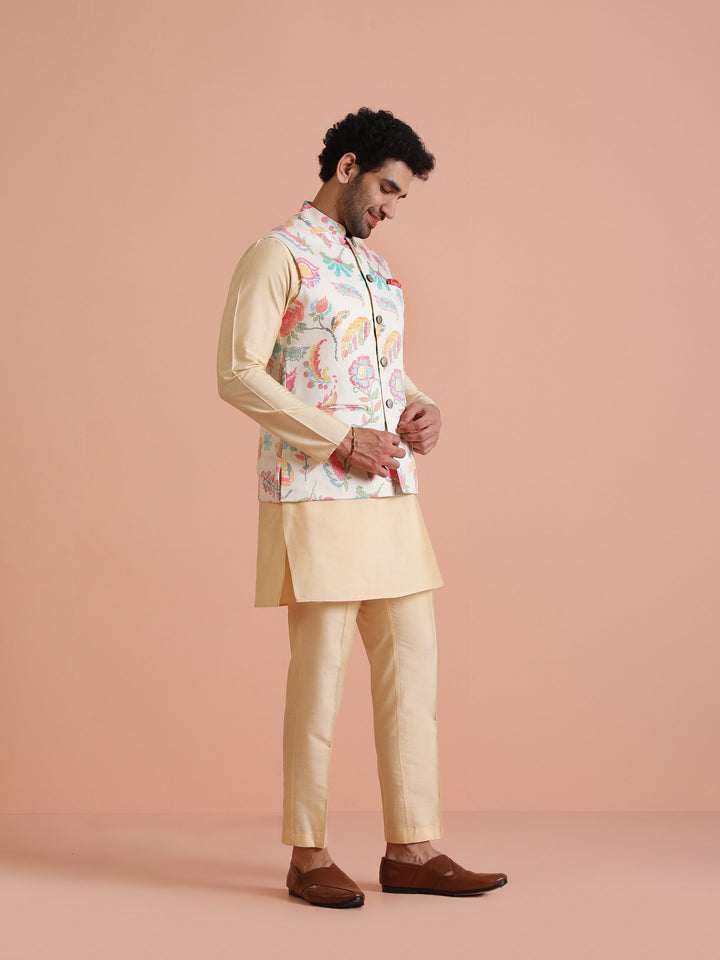 Cream Silk Blend Multicolor Floral Printed Nehru Jacket | SHOBITAM