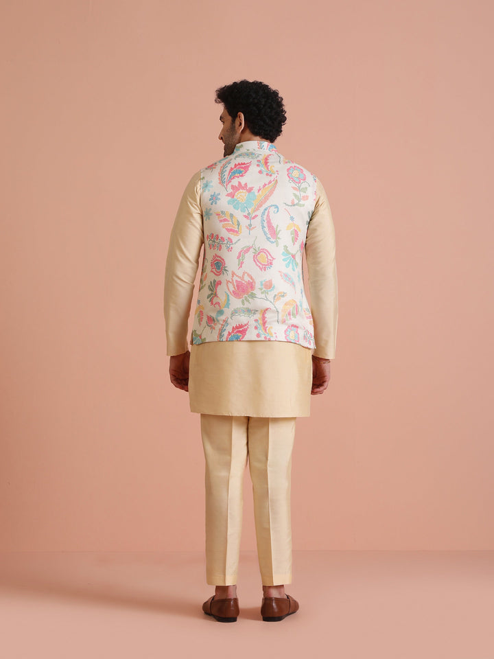 Cream Silk Blend Multicolor Floral Printed Nehru Jacket | SHOBITAM