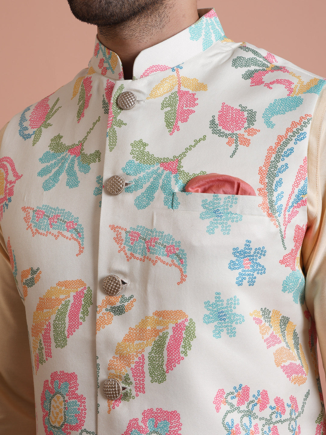 Cream Silk Blend Multicolor Floral Printed Nehru Jacket | SHOBITAM