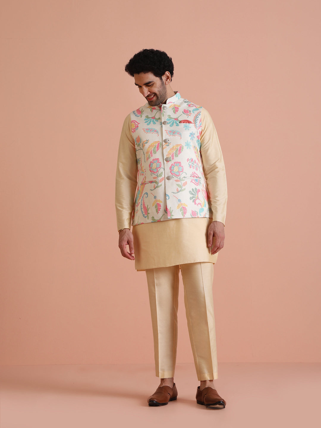 Cream Silk Blend Multicolor Floral Printed Nehru Jacket | SHOBITAM