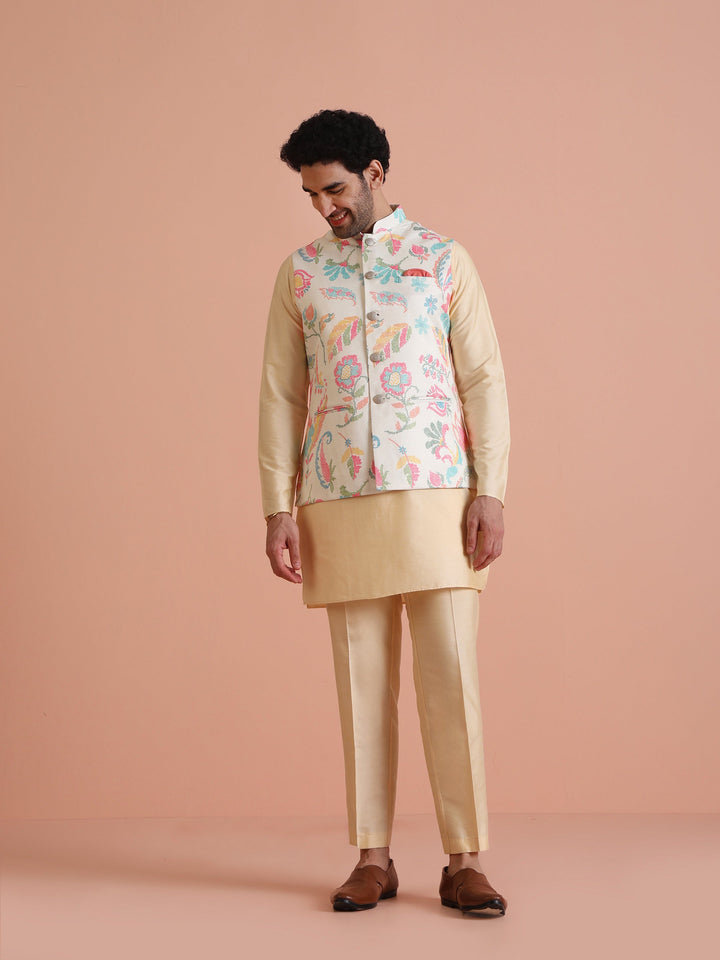 Cream Silk Blend Multicolor Floral Printed Nehru Jacket | SHOBITAM