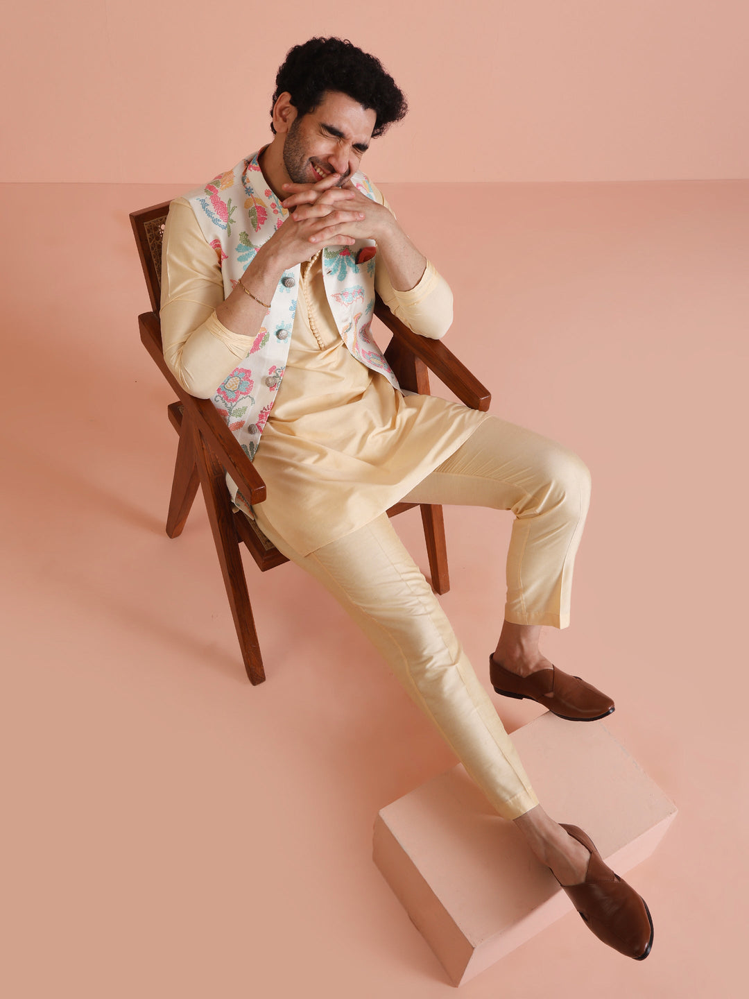 Cream Silk Blend Multicolor Floral Printed Nehru Jacket | SHOBITAM