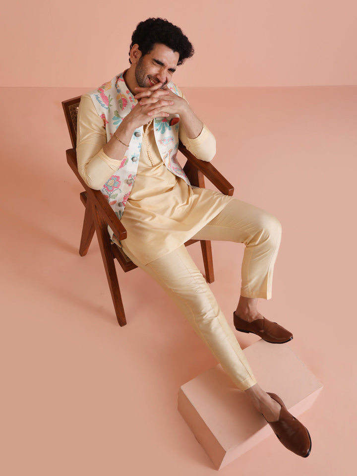 Cream Silk Blend Multicolor Floral Printed Nehru Jacket | SHOBITAM