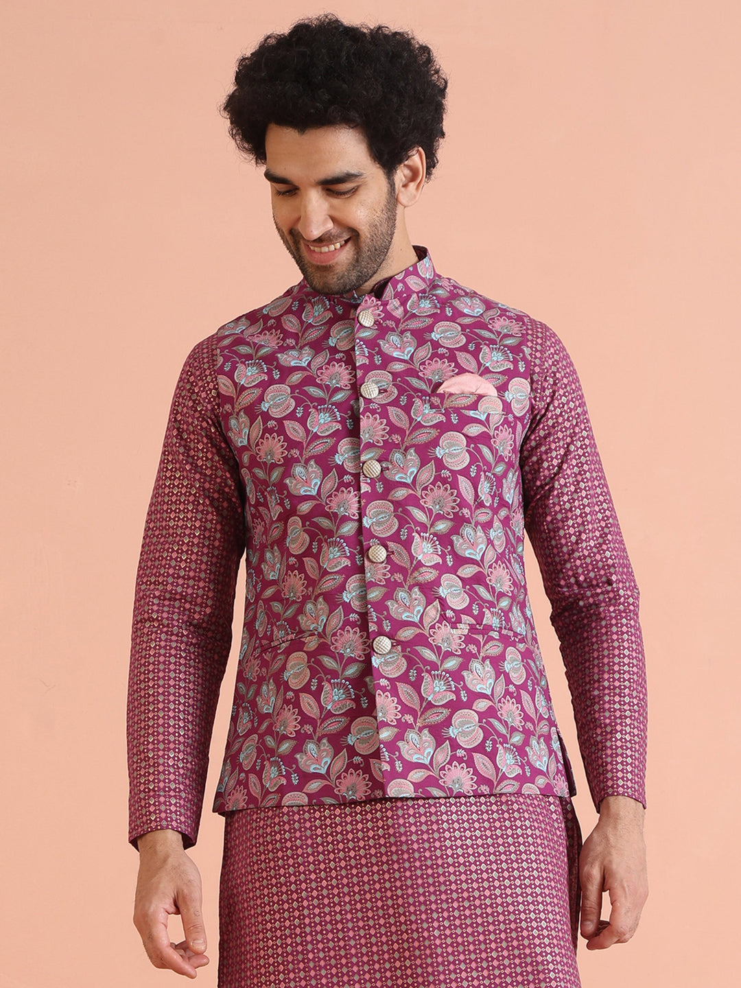 Pink Silk Blend Floral Jacquard Nehru Jacket | SHOBITAM
