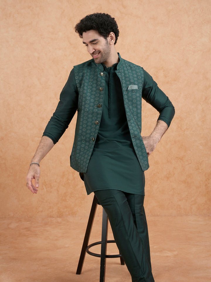 Bottle Green Silk Blend Sequin Embroidered Nehru Jacket | SHOBITAM