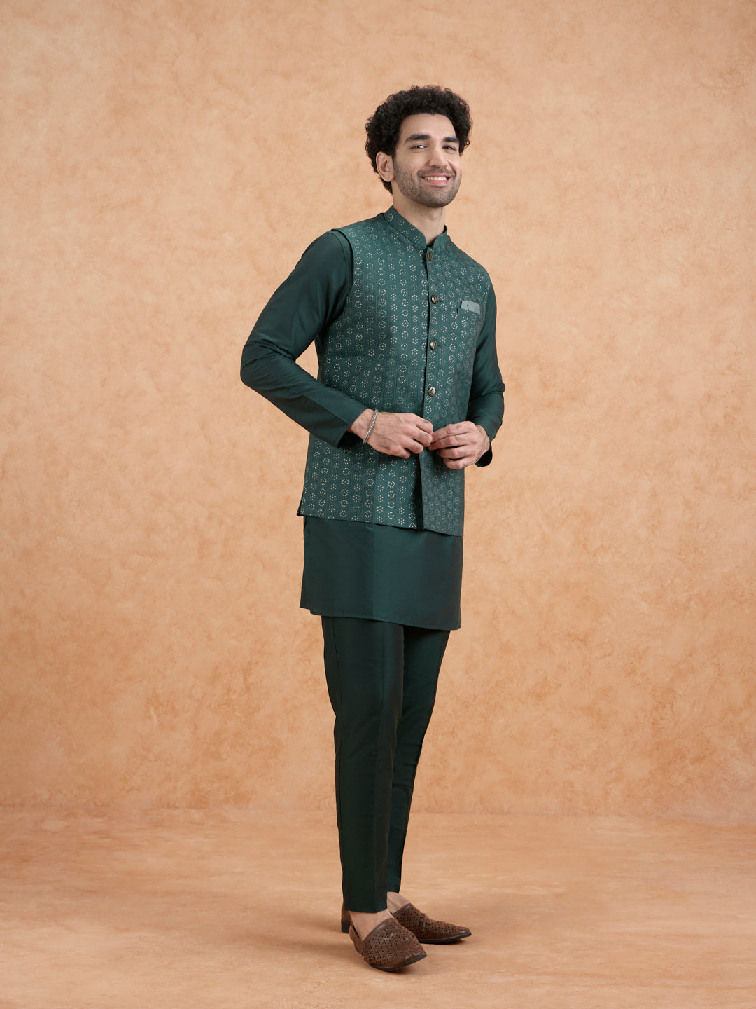Bottle Green Silk Blend Sequin Embroidered Nehru Jacket | SHOBITAM