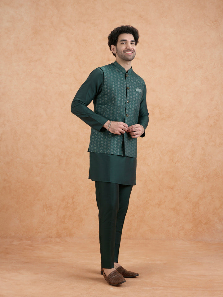 Bottle Green Silk Blend Sequin Embroidered Nehru Jacket | SHOBITAM