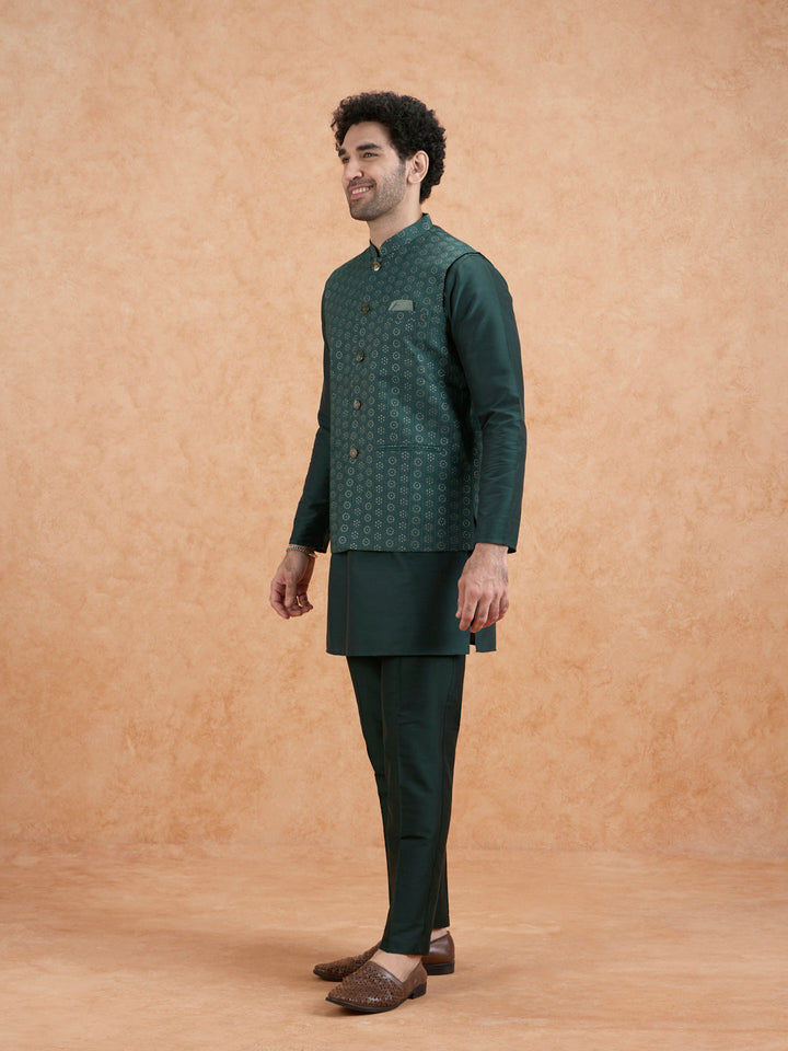 Bottle Green Silk Blend Sequin Embroidered Nehru Jacket | SHOBITAM