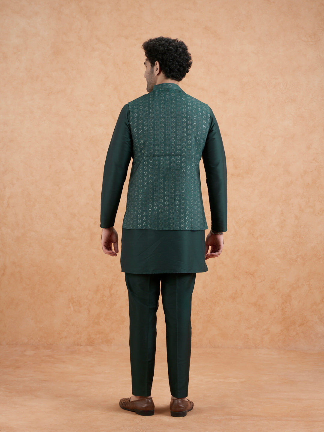 Bottle Green Silk Blend Sequin Embroidered Nehru Jacket | SHOBITAM