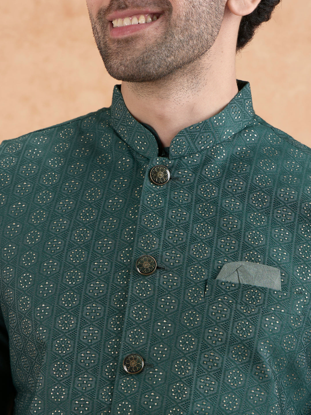 Bottle Green Silk Blend Sequin Embroidered Nehru Jacket | SHOBITAM