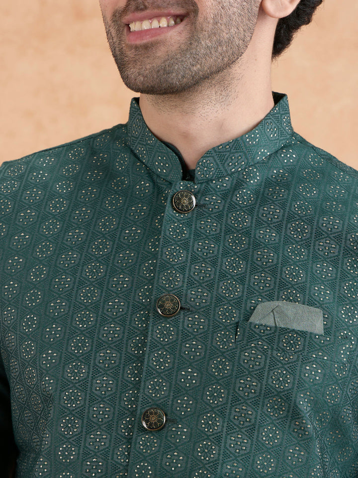 Bottle Green Silk Blend Sequin Embroidered Nehru Jacket | SHOBITAM
