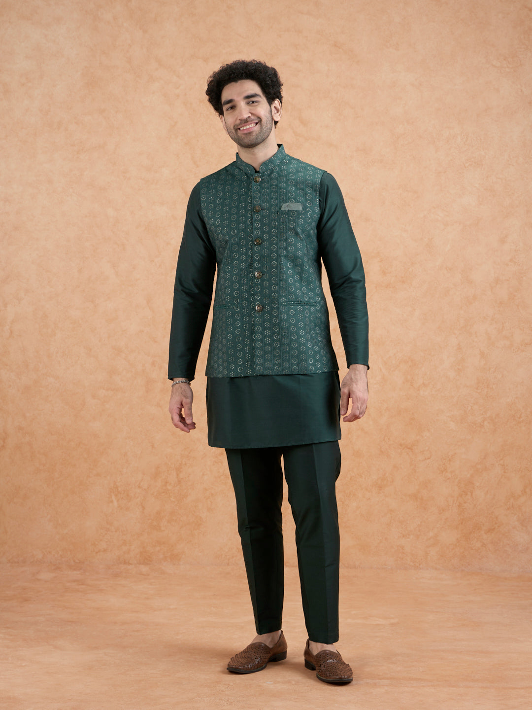 Bottle Green Silk Blend Sequin Embroidered Nehru Jacket | SHOBITAM