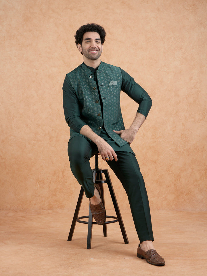 Bottle Green Silk Blend Sequin Embroidered Nehru Jacket | SHOBITAM