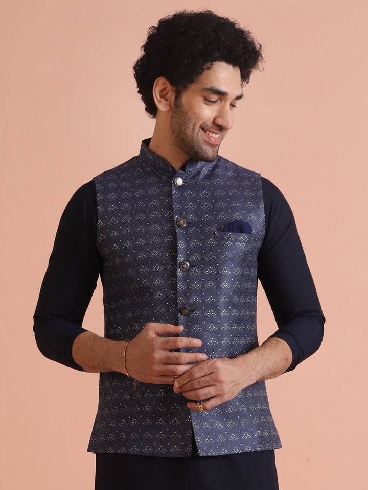 Navy Blue Silk Blend Jacquard Nehru Jacket | SHOBITAM