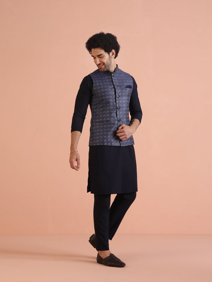 Navy Blue Silk Blend Jacquard Nehru Jacket | SHOBITAM