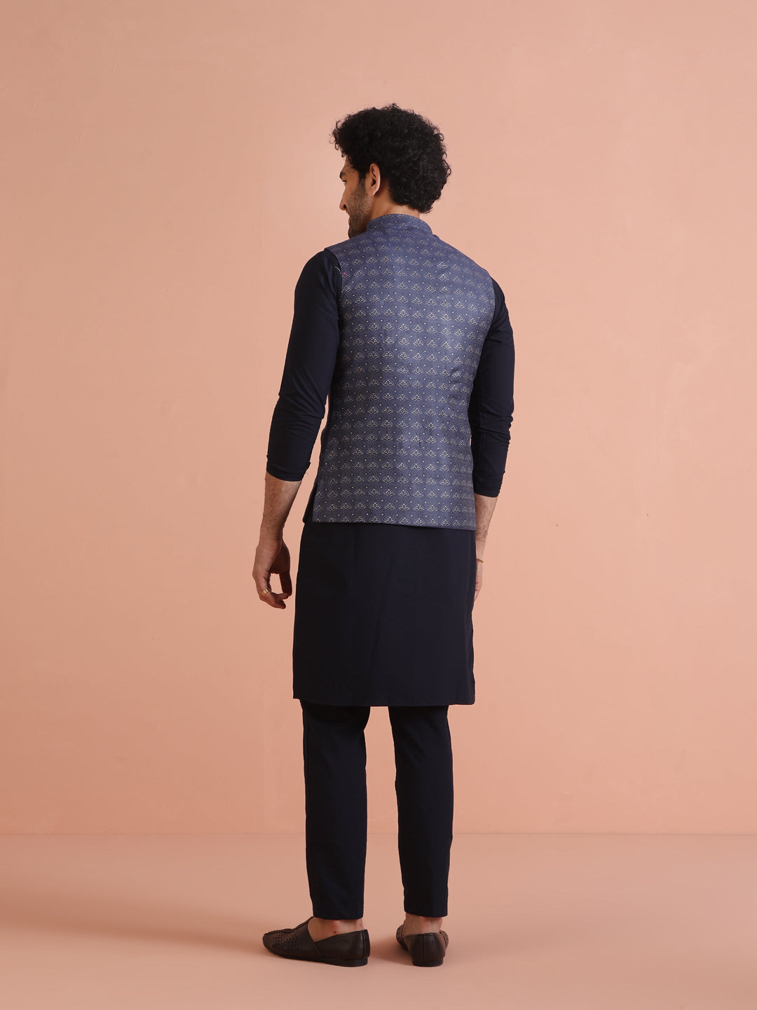 Navy Blue Silk Blend Jacquard Nehru Jacket | SHOBITAM