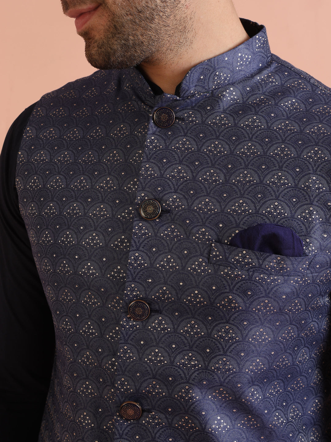 Navy Blue Silk Blend Jacquard Nehru Jacket | SHOBITAM