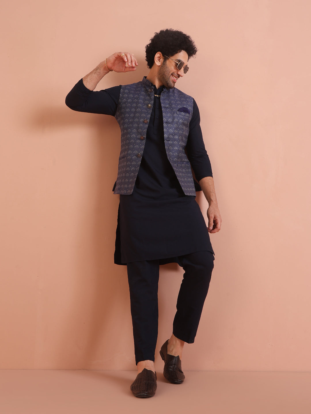 Navy Blue Silk Blend Jacquard Nehru Jacket | SHOBITAM