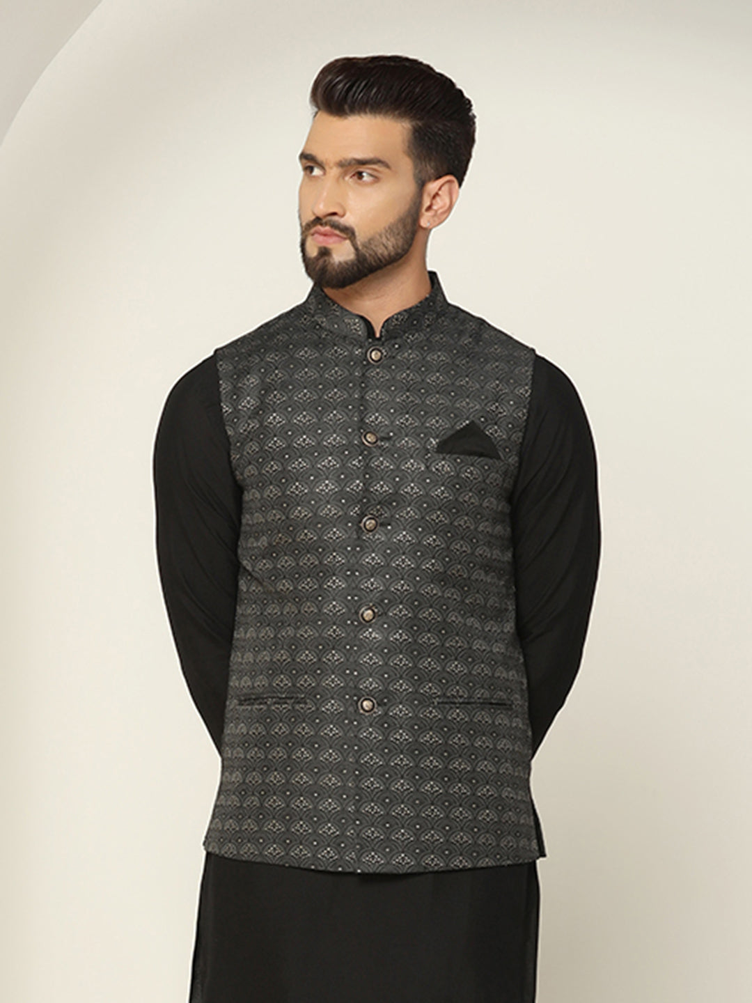 Black Silk Blend Sequin Embroidered Nehru Jacket | SHOBITAM