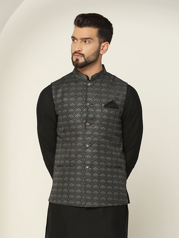 Black Silk Blend Sequin Embroidered Nehru Jacket | SHOBITAM