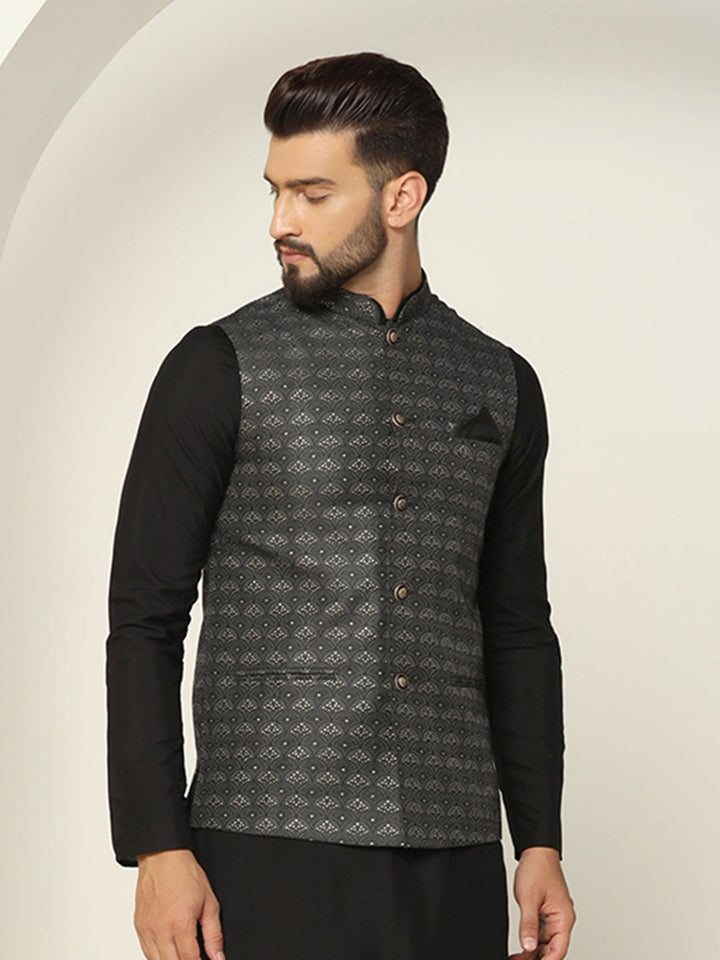 Black Silk Blend Sequin Embroidered Nehru Jacket | SHOBITAM