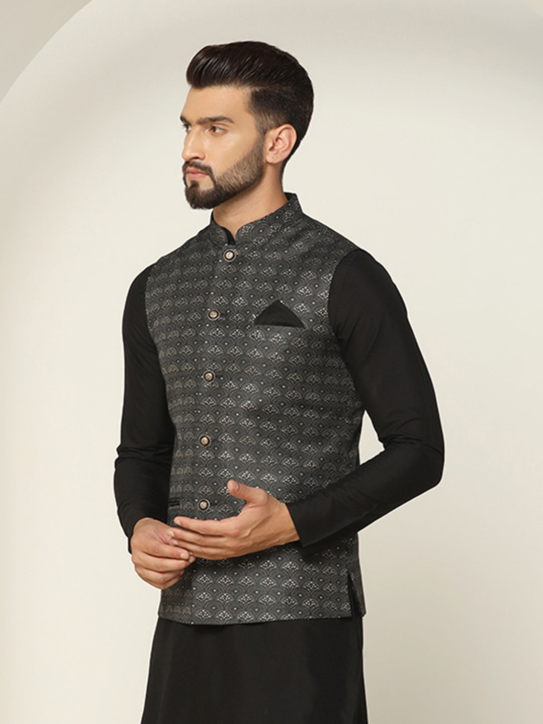 Black Silk Blend Sequin Embroidered Nehru Jacket | SHOBITAM