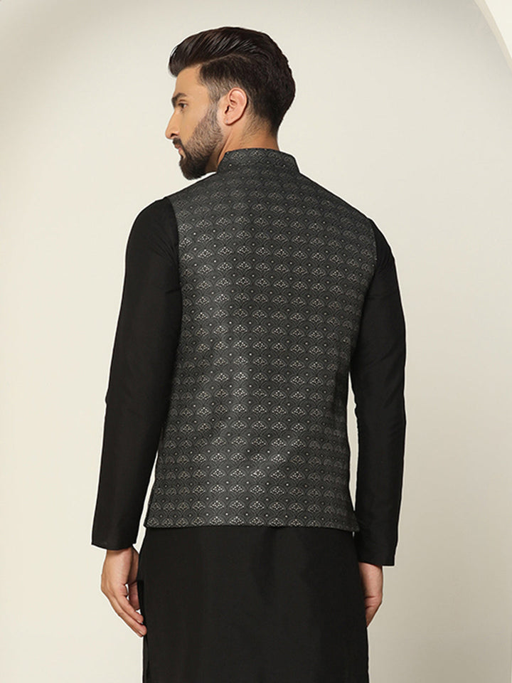Black Silk Blend Sequin Embroidered Nehru Jacket | SHOBITAM