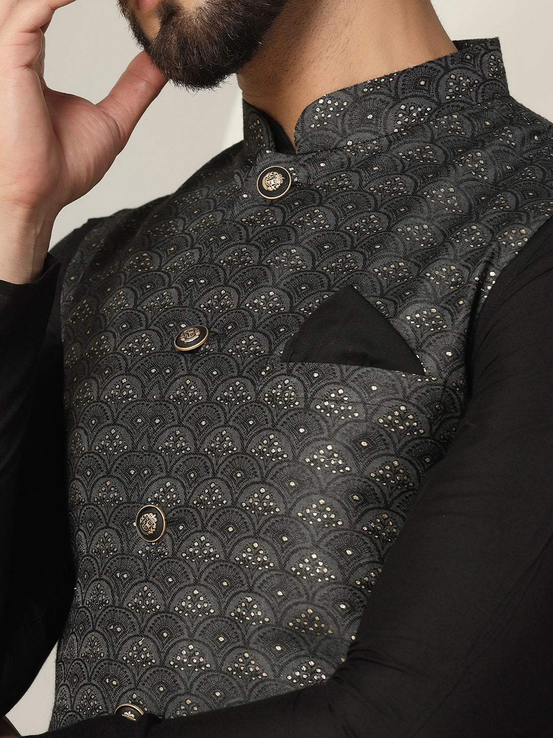 Black Silk Blend Sequin Embroidered Nehru Jacket | SHOBITAM