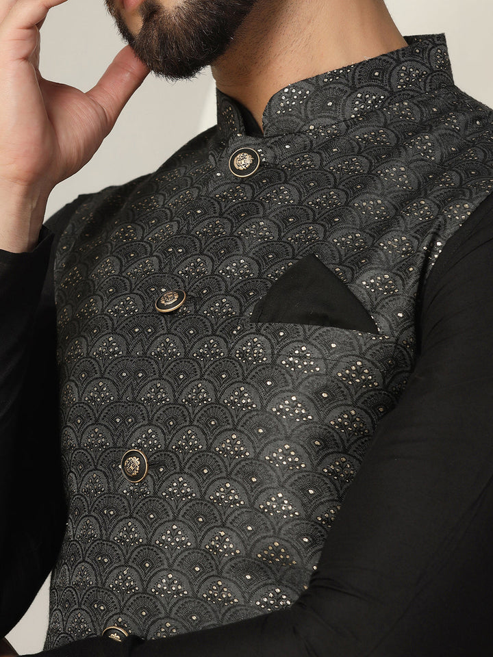 Black Silk Blend Sequin Embroidered Nehru Jacket | SHOBITAM