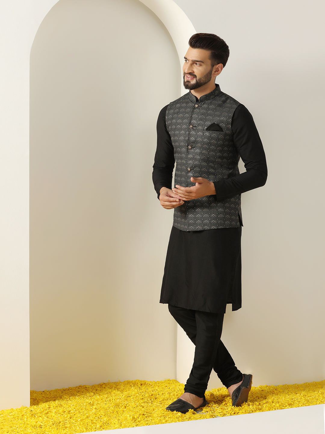 Black Silk Blend Sequin Embroidered Nehru Jacket | SHOBITAM