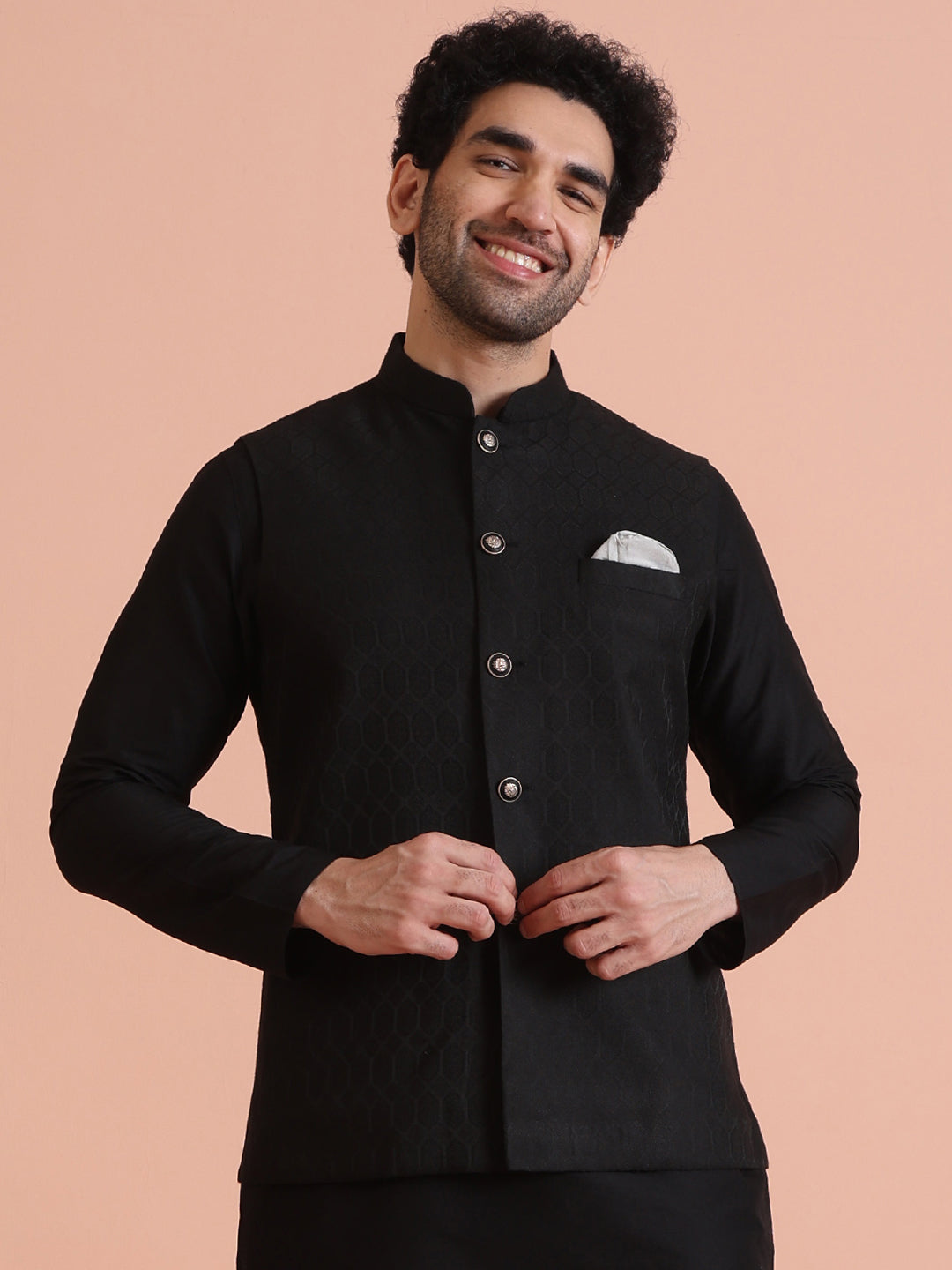 Black Silk Blend Textured Nehru Jacket | SHOBITAM