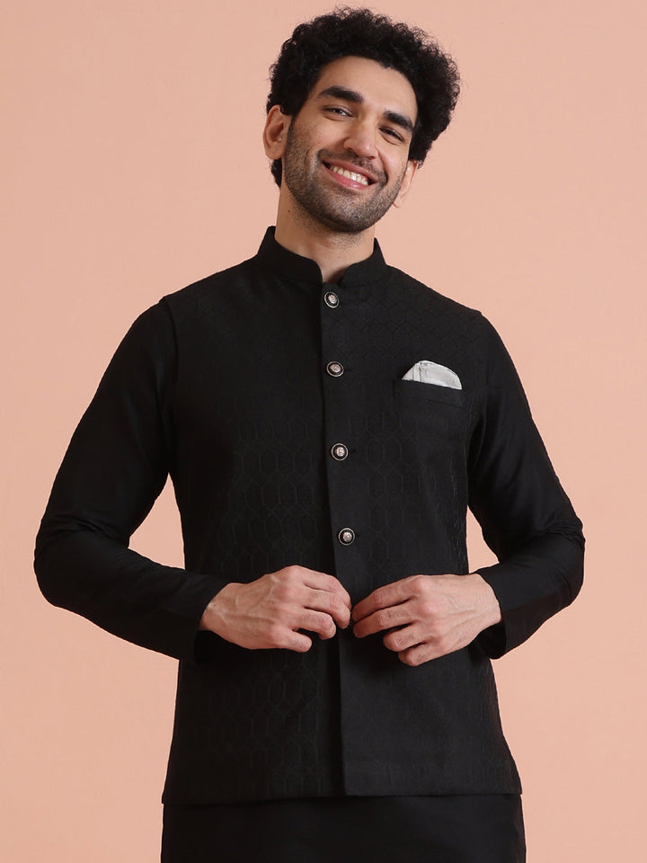 Black Silk Blend Textured Nehru Jacket | SHOBITAM