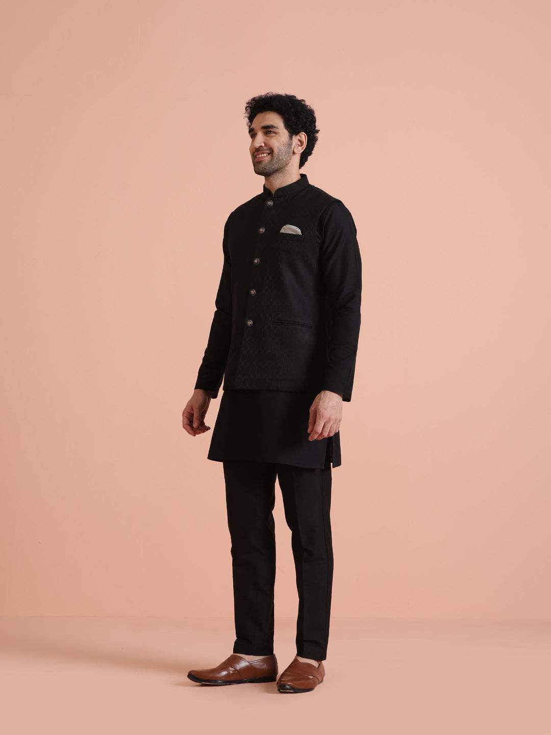 Black Silk Blend Textured Nehru Jacket | SHOBITAM