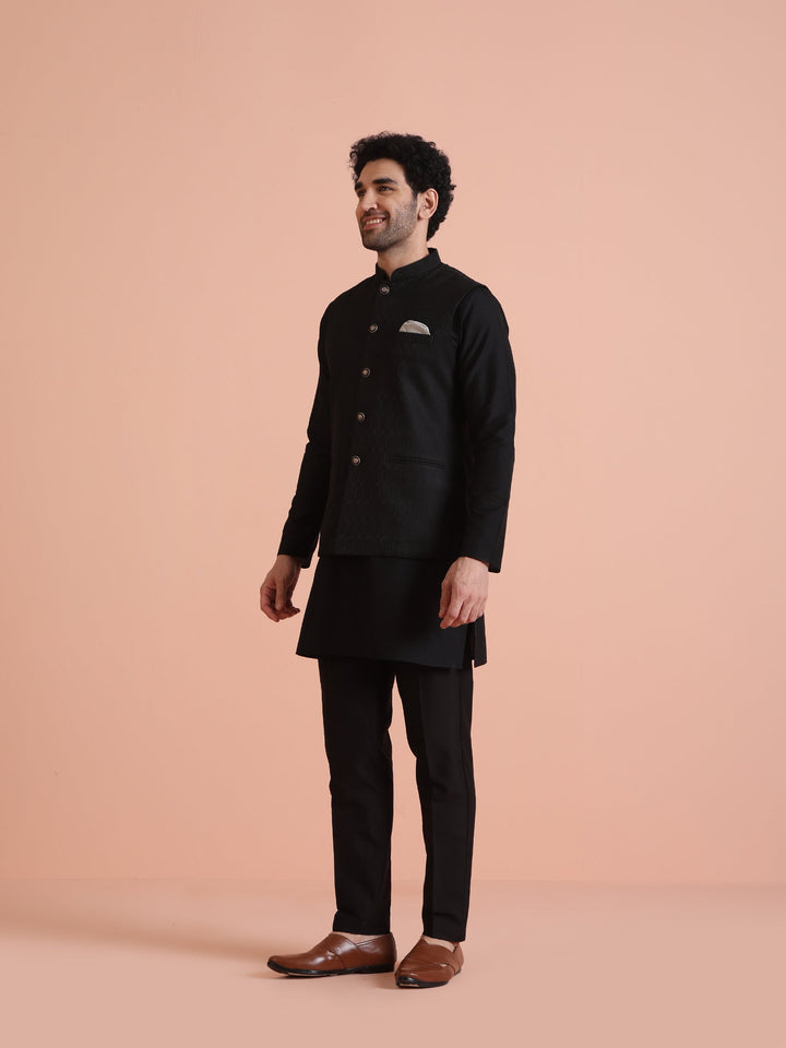 Black Silk Blend Textured Nehru Jacket | SHOBITAM