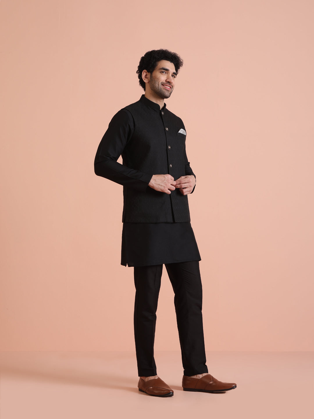 Black Silk Blend Textured Nehru Jacket | SHOBITAM