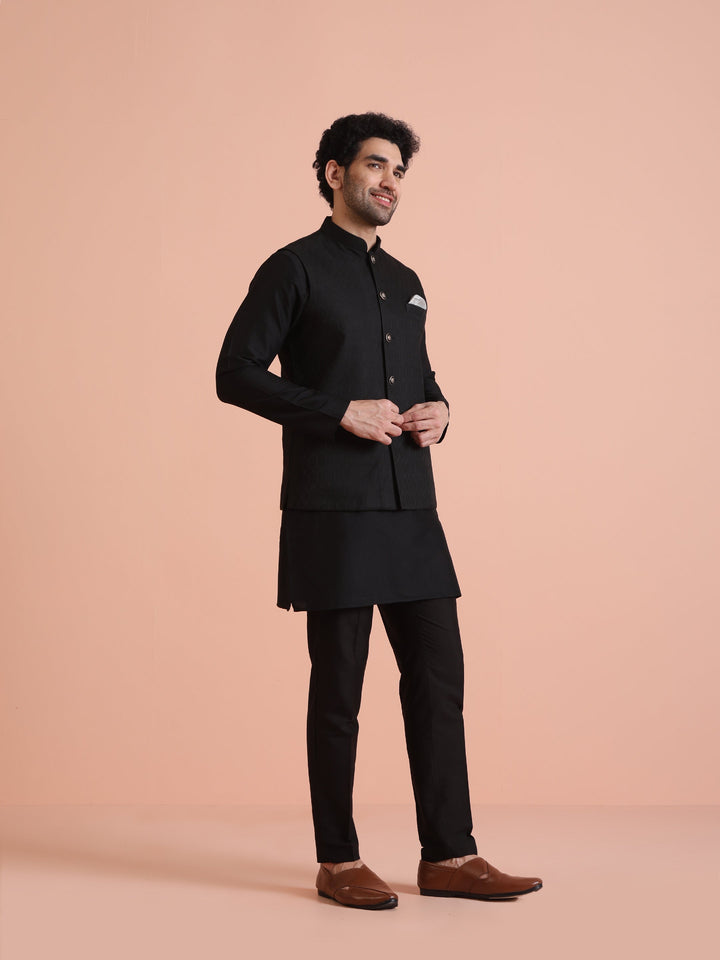 Black Silk Blend Textured Nehru Jacket | SHOBITAM