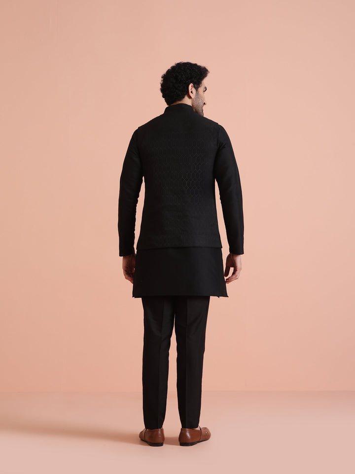 Black Silk Blend Textured Nehru Jacket | SHOBITAM