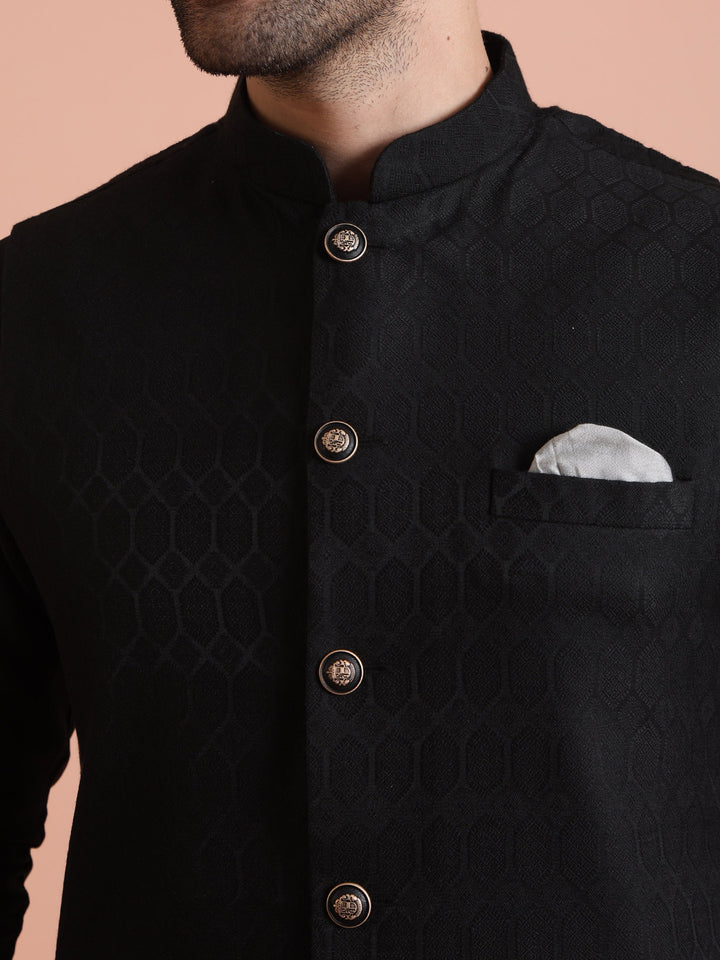 Black Silk Blend Textured Nehru Jacket | SHOBITAM
