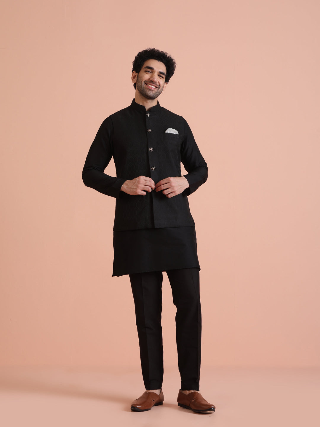 Black Silk Blend Textured Nehru Jacket | SHOBITAM