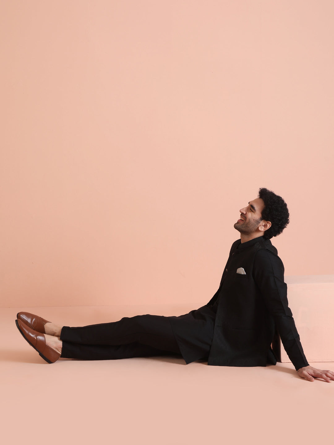 Black Silk Blend Textured Nehru Jacket | SHOBITAM