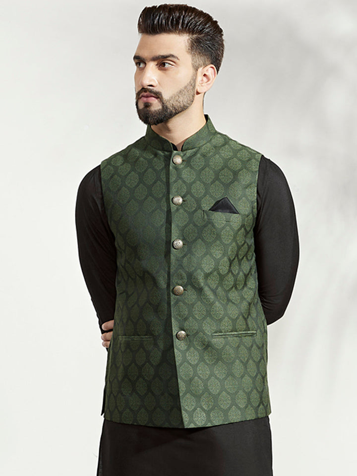 Green Silk Blend Textured Nehru Jacket | SHOBITAM