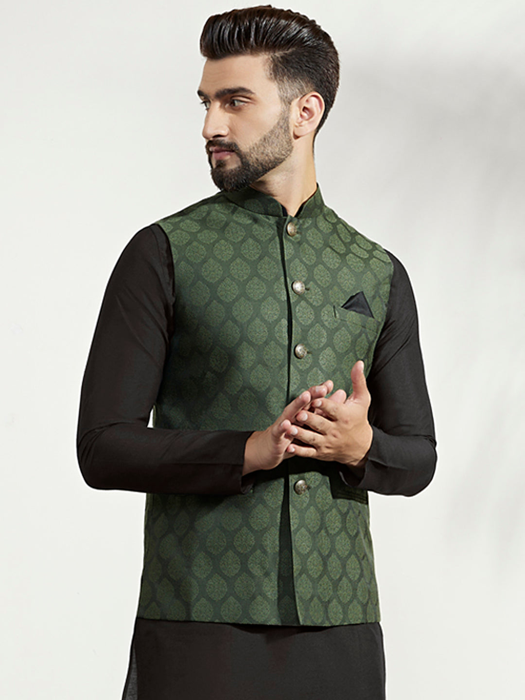 Green Silk Blend Textured Nehru Jacket | SHOBITAM