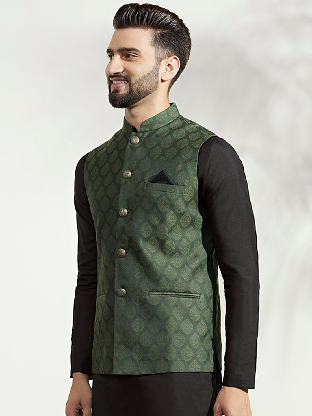 Green Silk Blend Textured Nehru Jacket | SHOBITAM