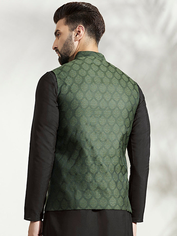 Green Silk Blend Textured Nehru Jacket | SHOBITAM