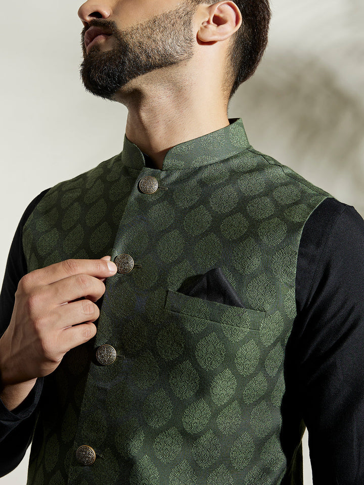 Green Silk Blend Textured Nehru Jacket | SHOBITAM