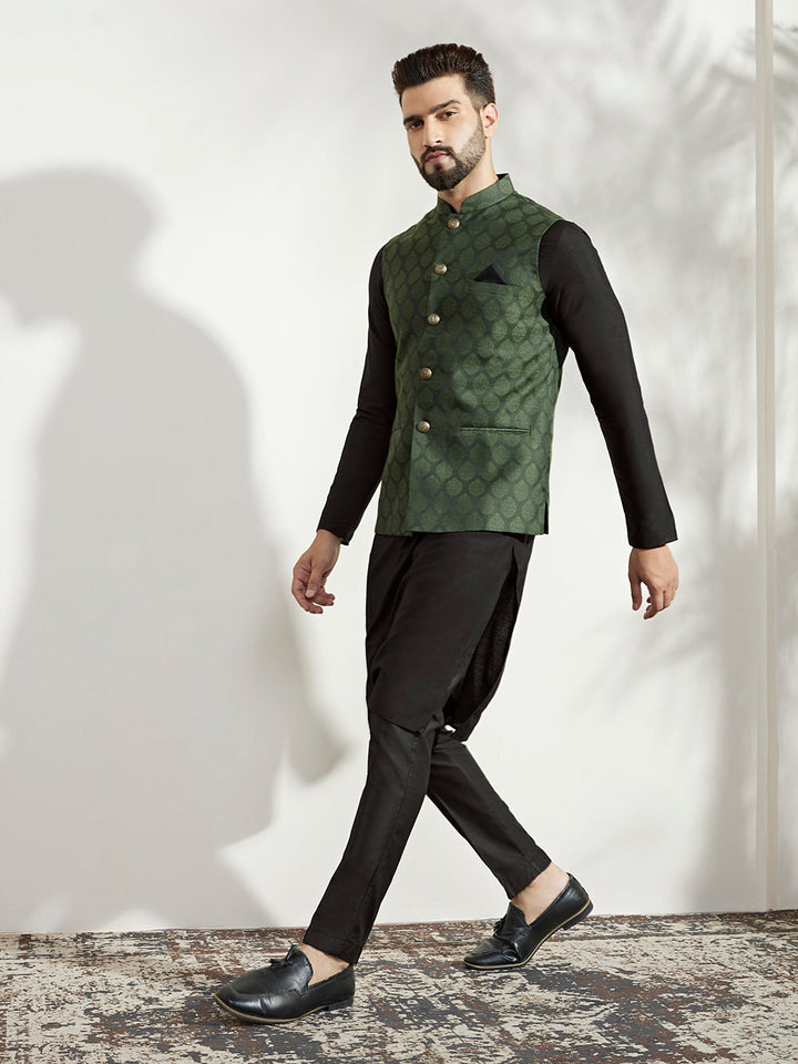 Green Silk Blend Textured Nehru Jacket | SHOBITAM