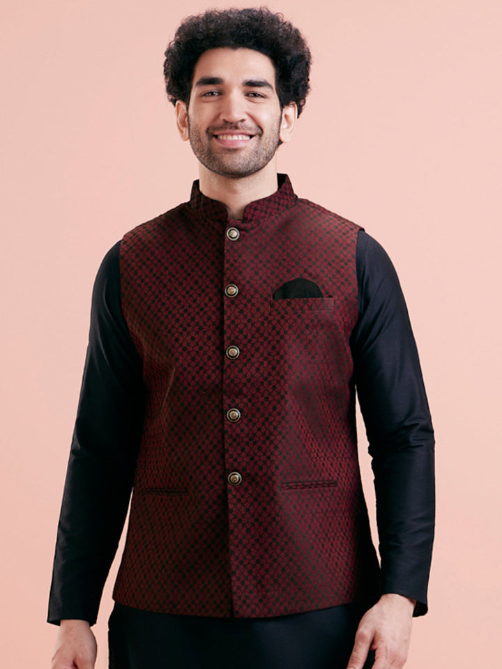 Maroon Silk Blend Jacquard Nehru Jacket | SHOBITAM