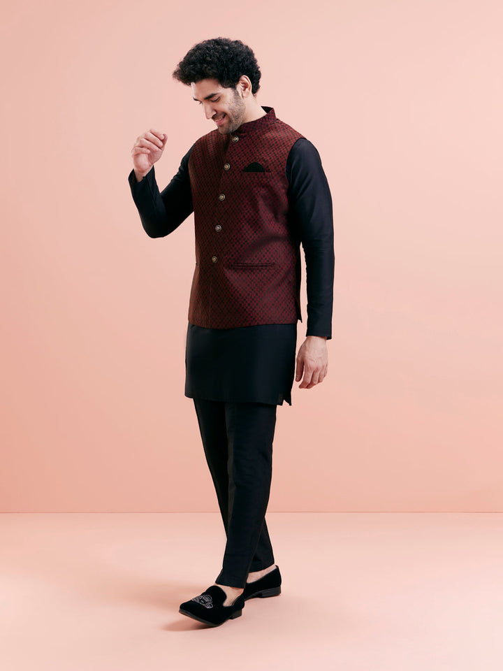 Maroon Silk Blend Jacquard Nehru Jacket | SHOBITAM