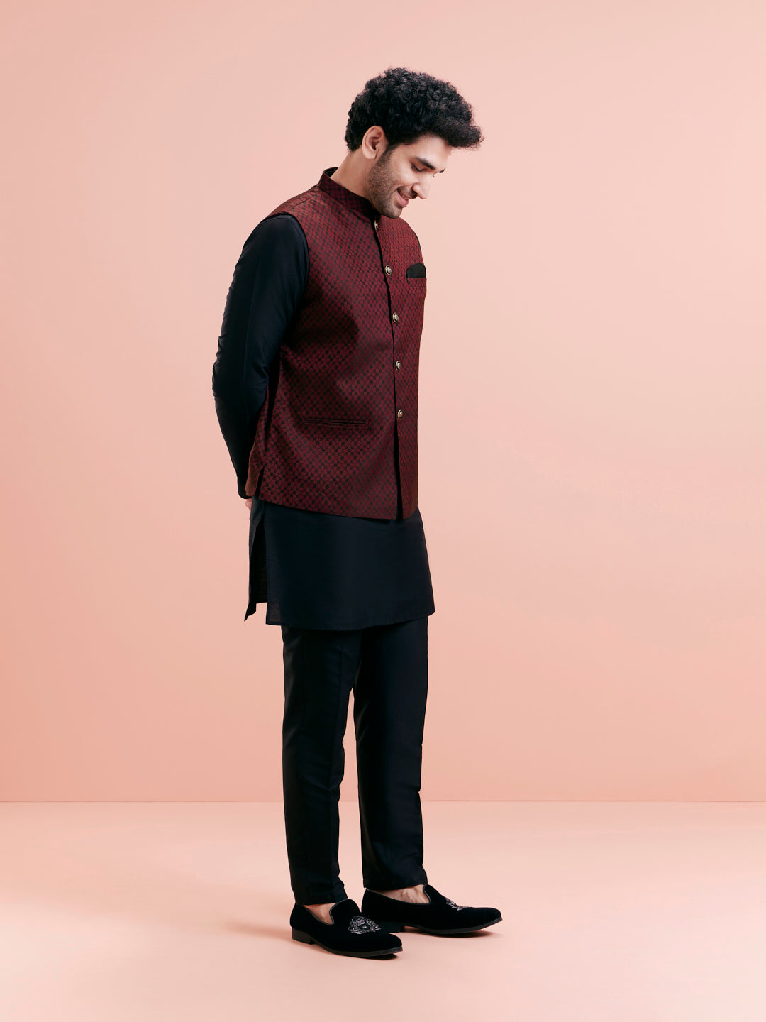 Maroon Silk Blend Jacquard Nehru Jacket | SHOBITAM