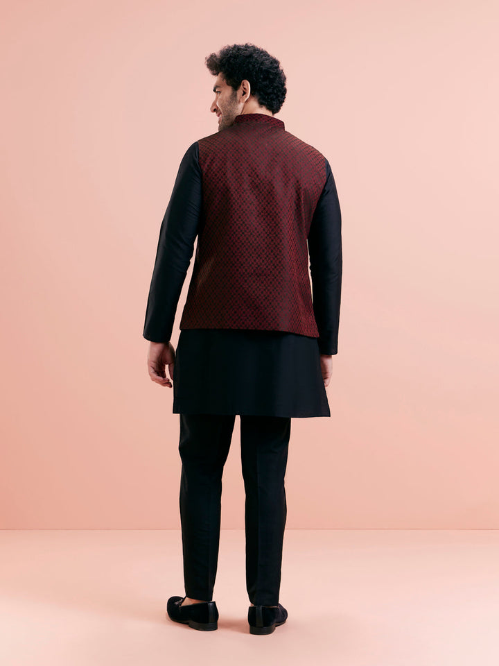 Maroon Silk Blend Jacquard Nehru Jacket | SHOBITAM
